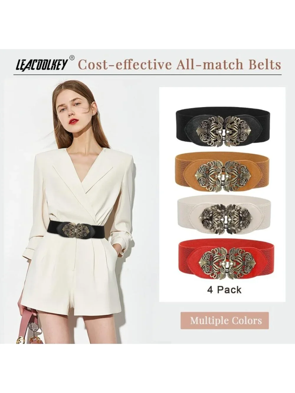 Vintage Wide Waist Belts for Women - 4 Pack Elastic Cinch Belts with Retro
